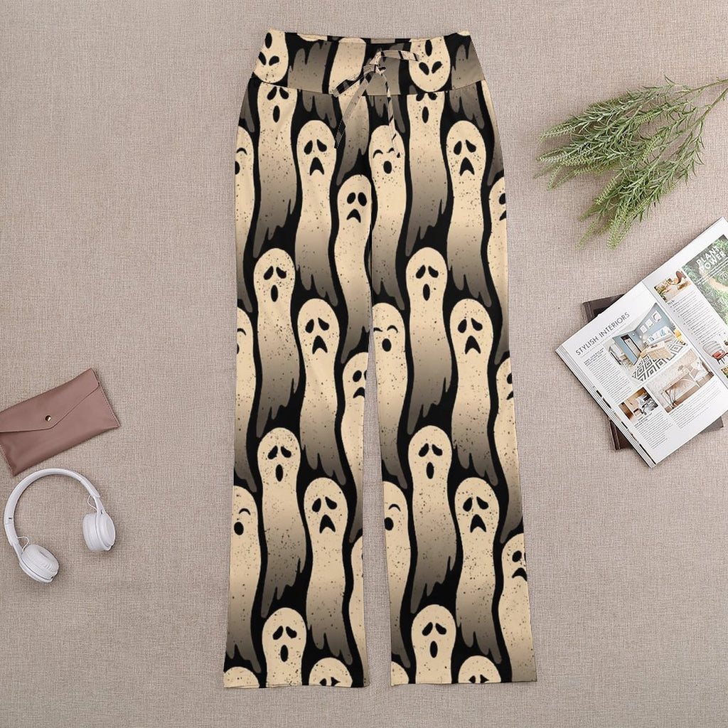 Ghost-print Halloween pants flat-lay view