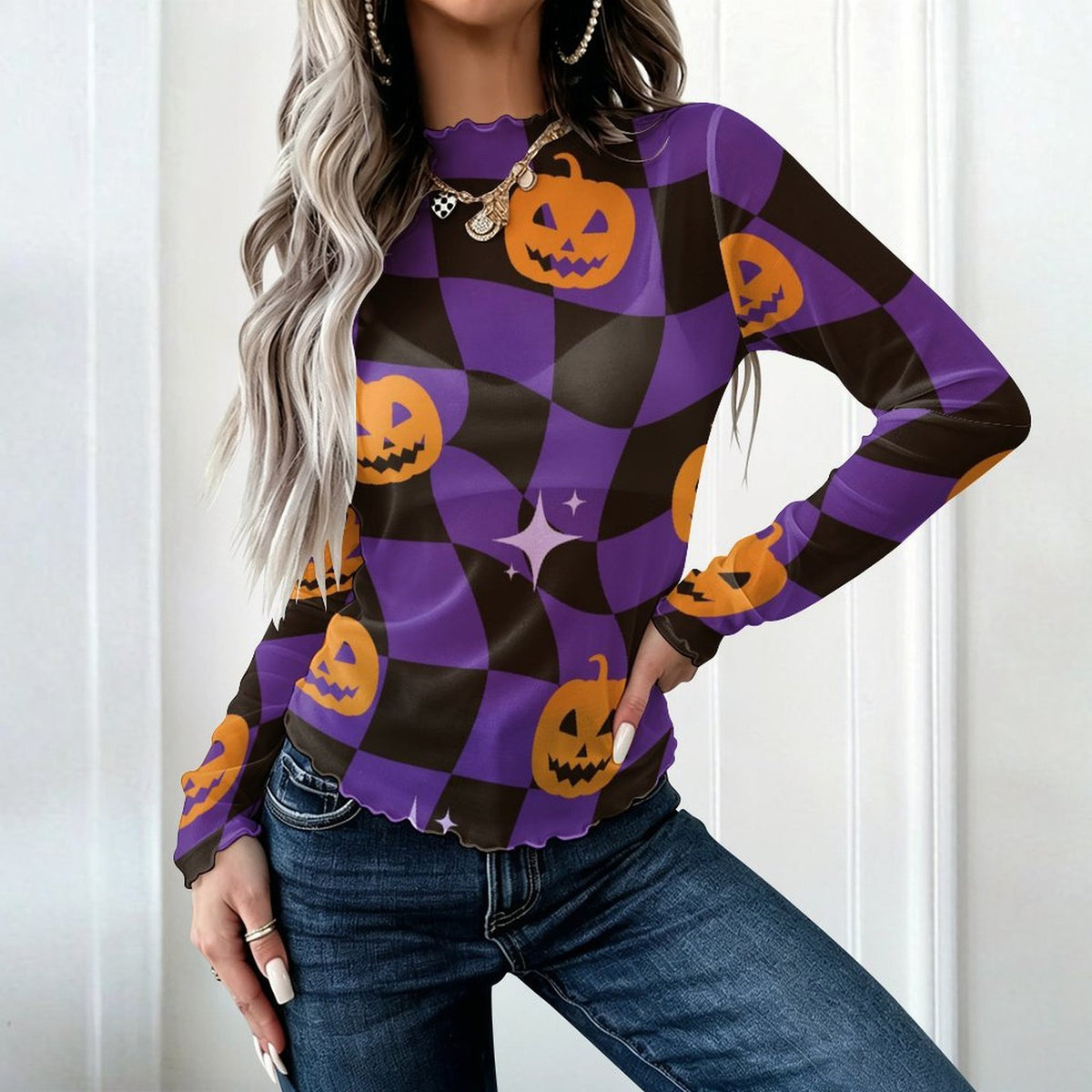 Colourful skeleton nurse Halloween mesh top styling view