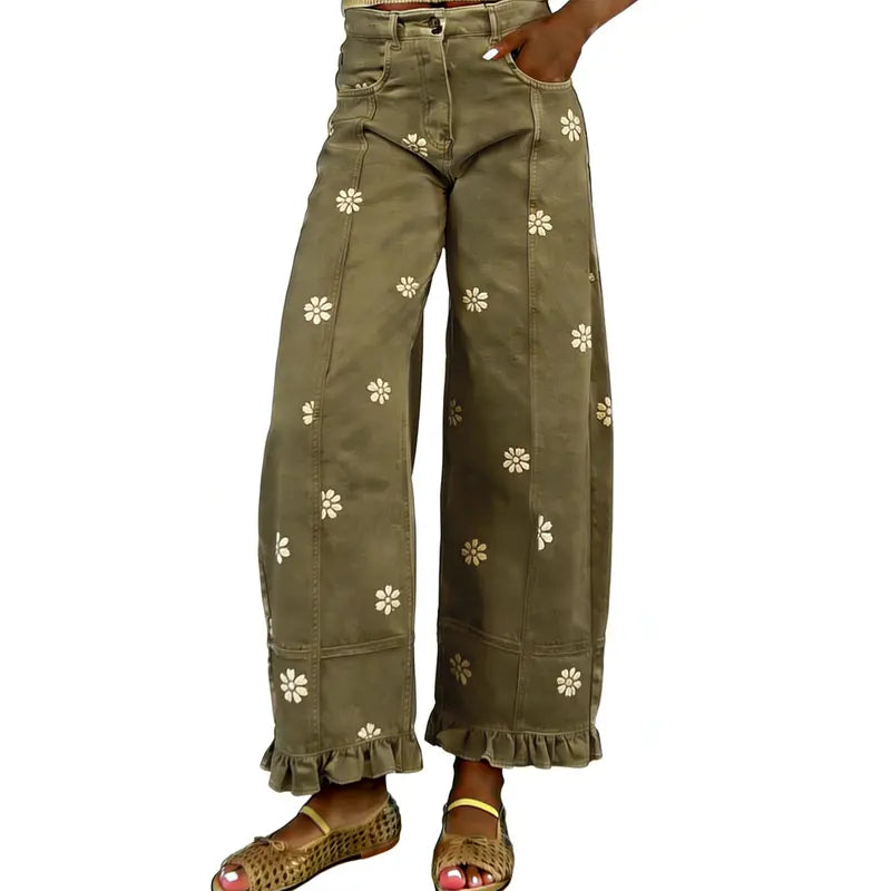 Women’s Floral Wide Leg Jeans – Vintage Y2K Baggy Denim Pants