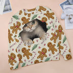 White gingerbread and candy cane cat sweatshirt flat lay