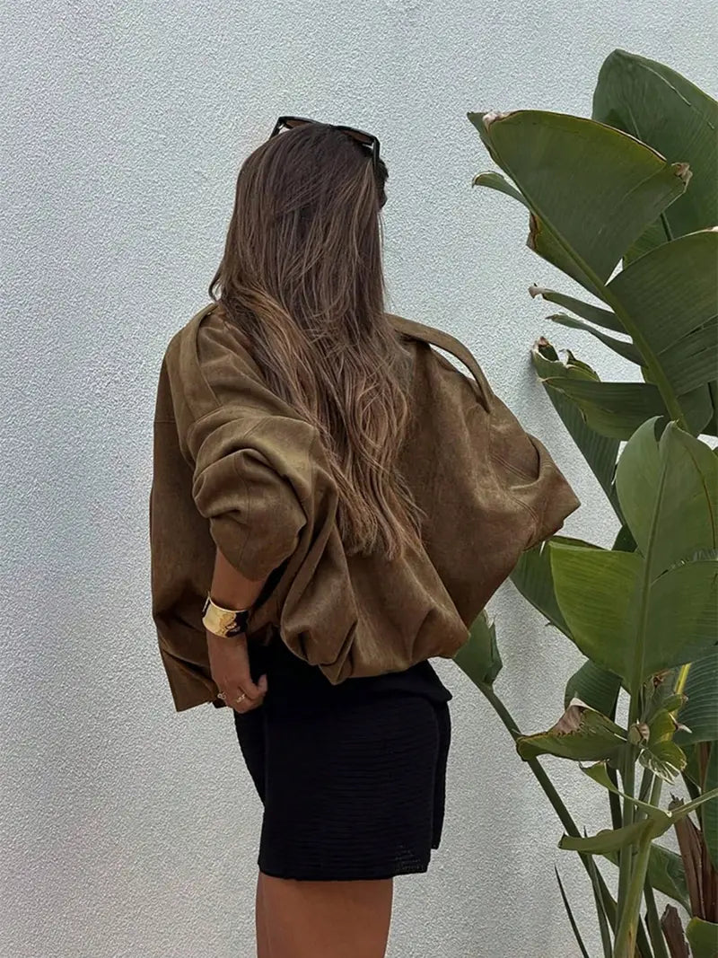 Women's Ultra-Loose Faux Suede Bomber Jacket