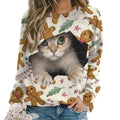 Women's Merry Meow gingerbread Christmas cat sweatshirt front lifestyle view