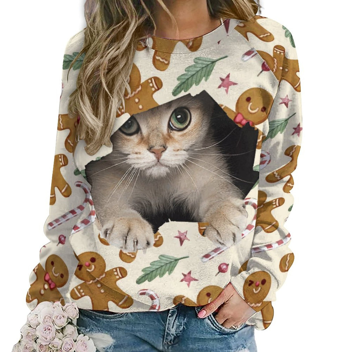 Women's Merry Meow gingerbread Christmas cat sweatshirt front lifestyle view