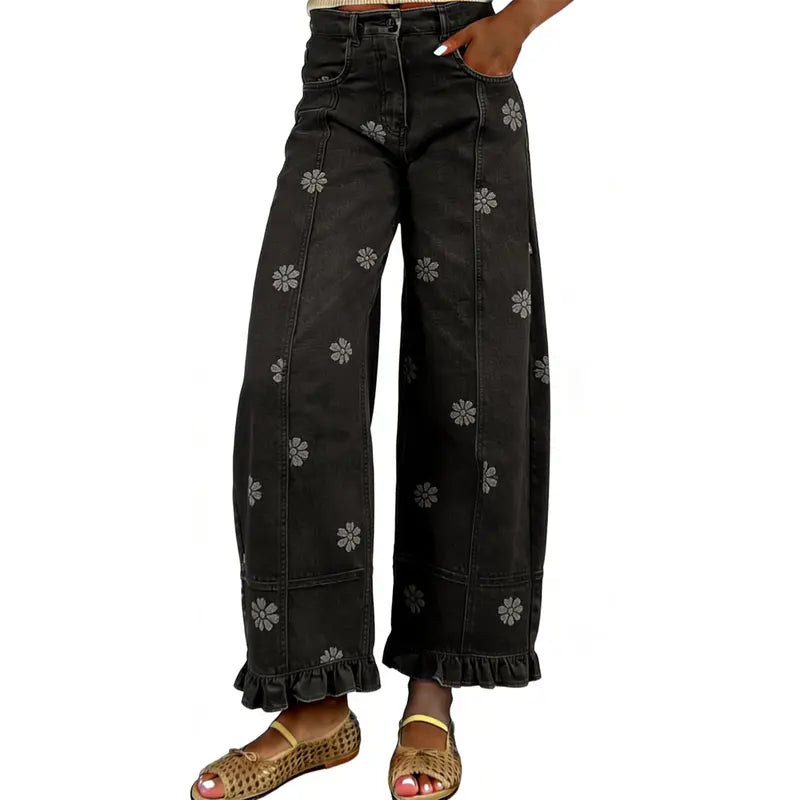 Women’s Floral Wide Leg Jeans – Vintage Y2K Baggy Denim Pants
