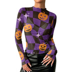 Women's white long-sleeve Halloween mesh top product view