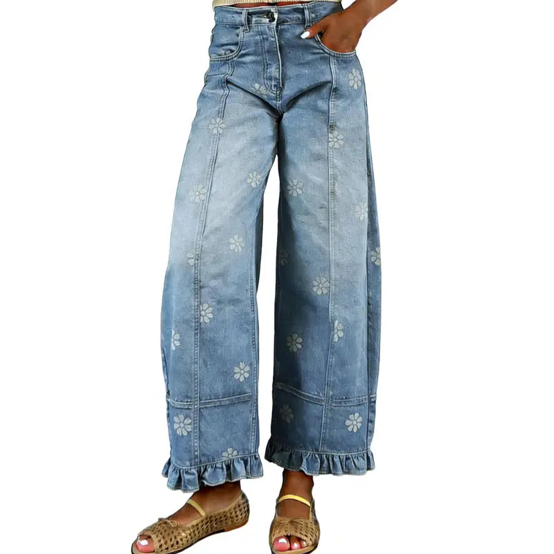 Women’s Floral Wide Leg Jeans – Vintage Y2K Baggy Denim Pants