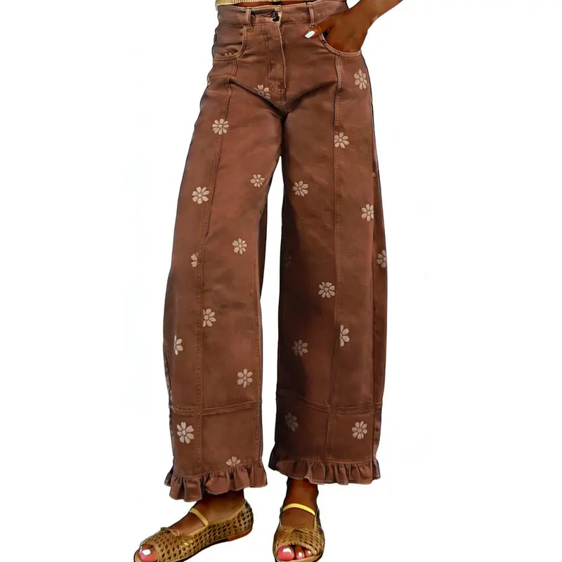Women’s Floral Wide Leg Jeans – Vintage Y2K Baggy Denim Pants