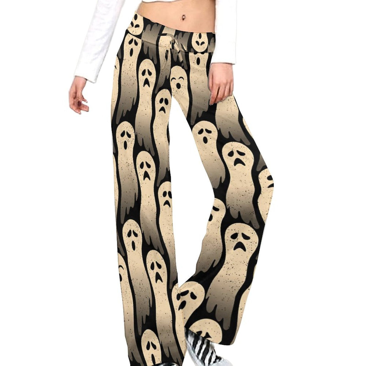 Women's black and cream ghost-print Halloween straight-leg pants
