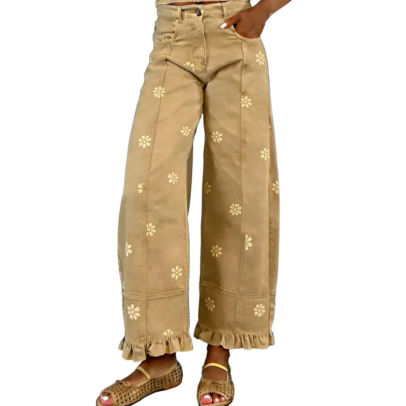 Women’s Floral Wide Leg Jeans – Vintage Y2K Baggy Denim Pants