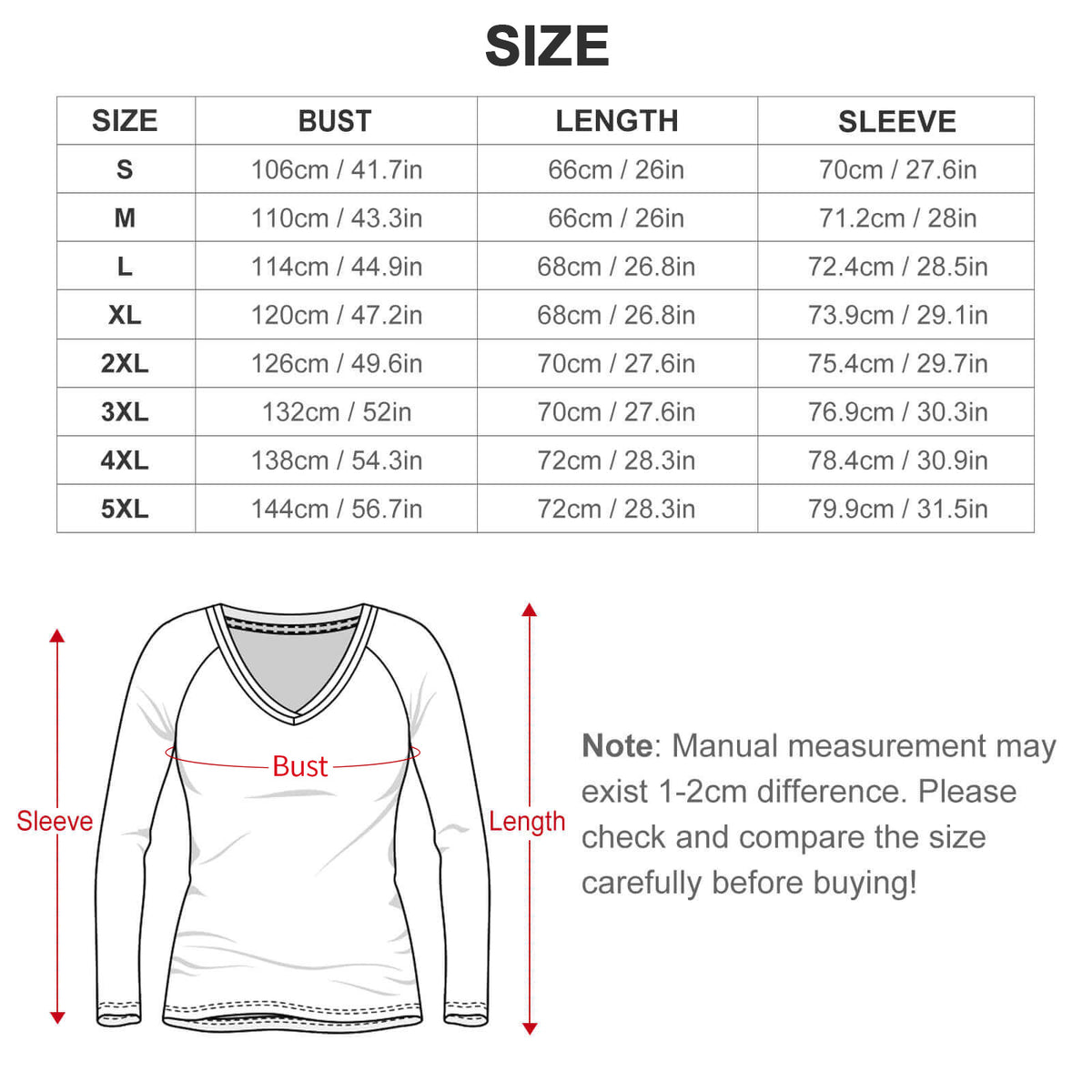 Complete S to 5XL size guide for Christmas V-neck top