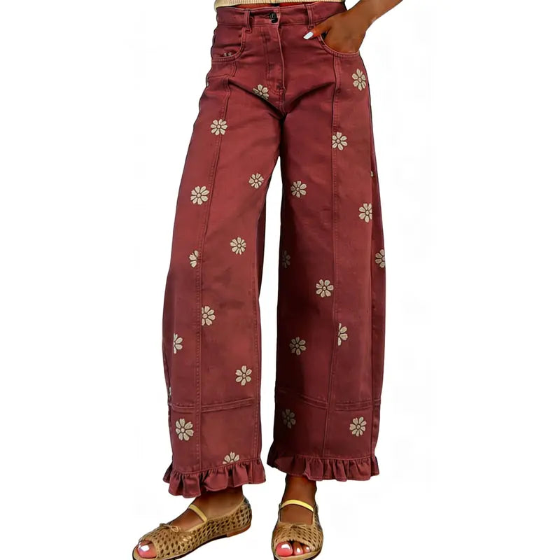 Women’s Floral Wide Leg Jeans – Vintage Y2K Baggy Denim Pants