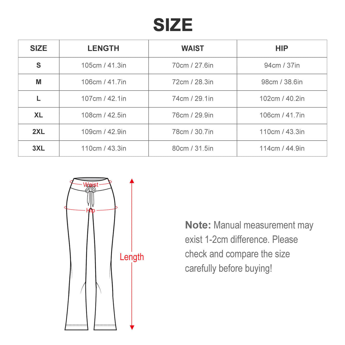 Complete S to 3XL size guide for Ghost Parade pants