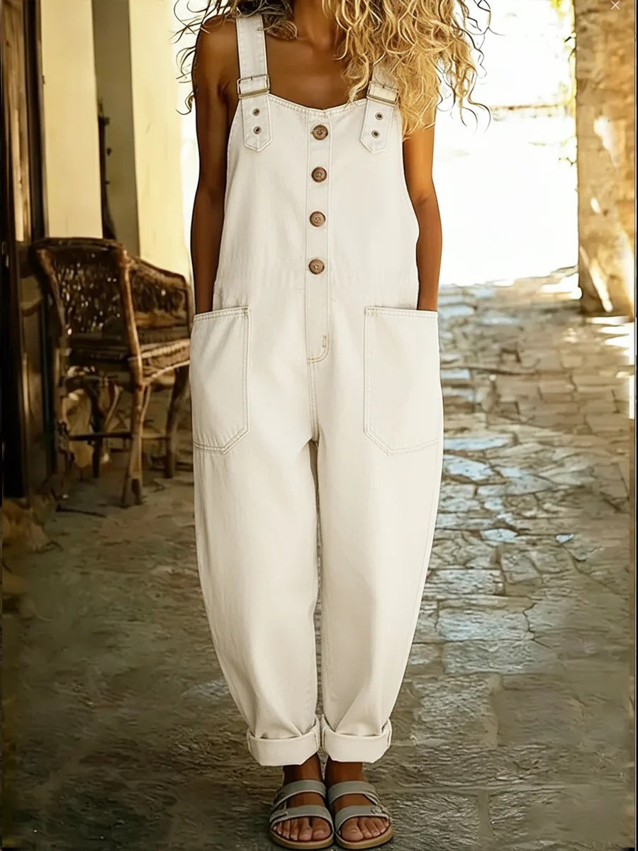 Women's vintage relaxed denim bib overalls in White