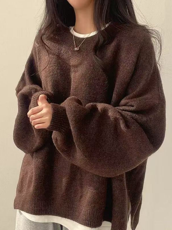 Cocoa Brown Marlow lantern-sleeve knit sweater lifestyle view