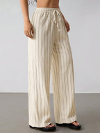 Apricot striped drawstring wide-leg pants