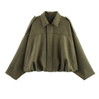 Women's army green ultra-loose faux suede bomber jacket, front view
