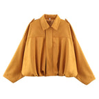 Women's mustard ultra-loose faux suede bomber jacket, front view