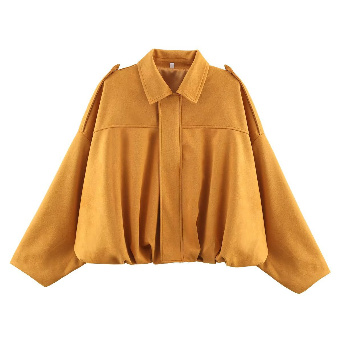 Women's mustard ultra-loose faux suede bomber jacket, front view