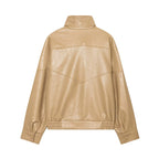 Women's khaki faux leather jacket, back view