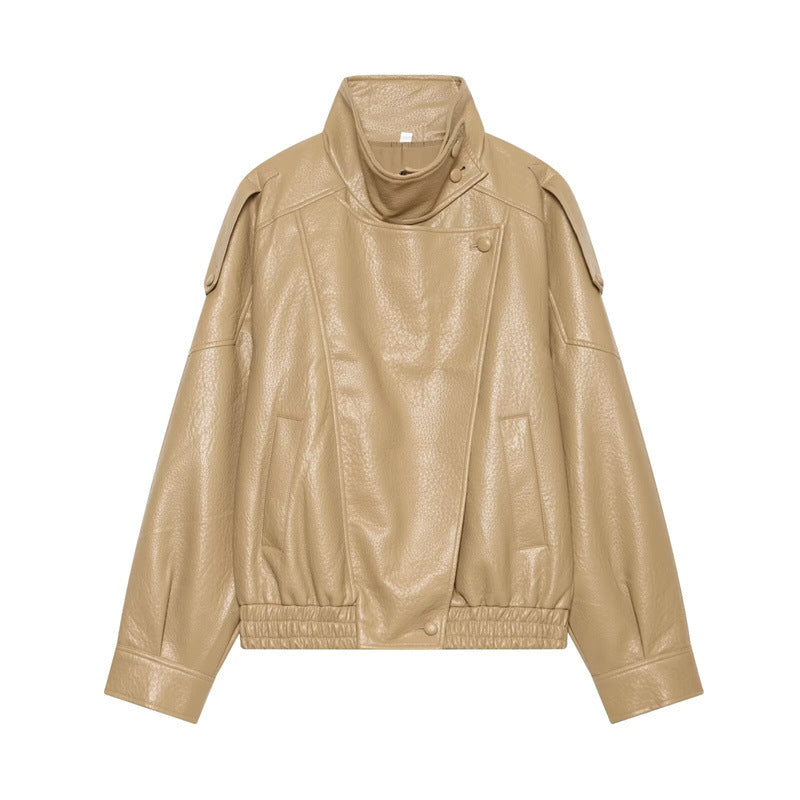 Women's khaki relaxed stand-collar faux leather jacket, front view