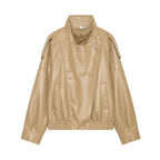 Women's khaki relaxed stand-collar faux leather jacket, front view
