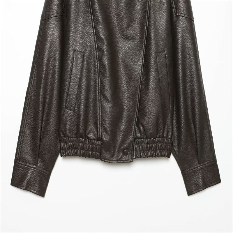 Brown faux leather jacket elasticated hem detail