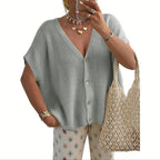 Gray women's relaxed V-neck button front knit cardigan
