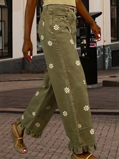 Women's vintage floral wide-leg ruffle hem jeans - product image 3