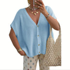 Light Blue women's relaxed V-neck button front knit cardigan