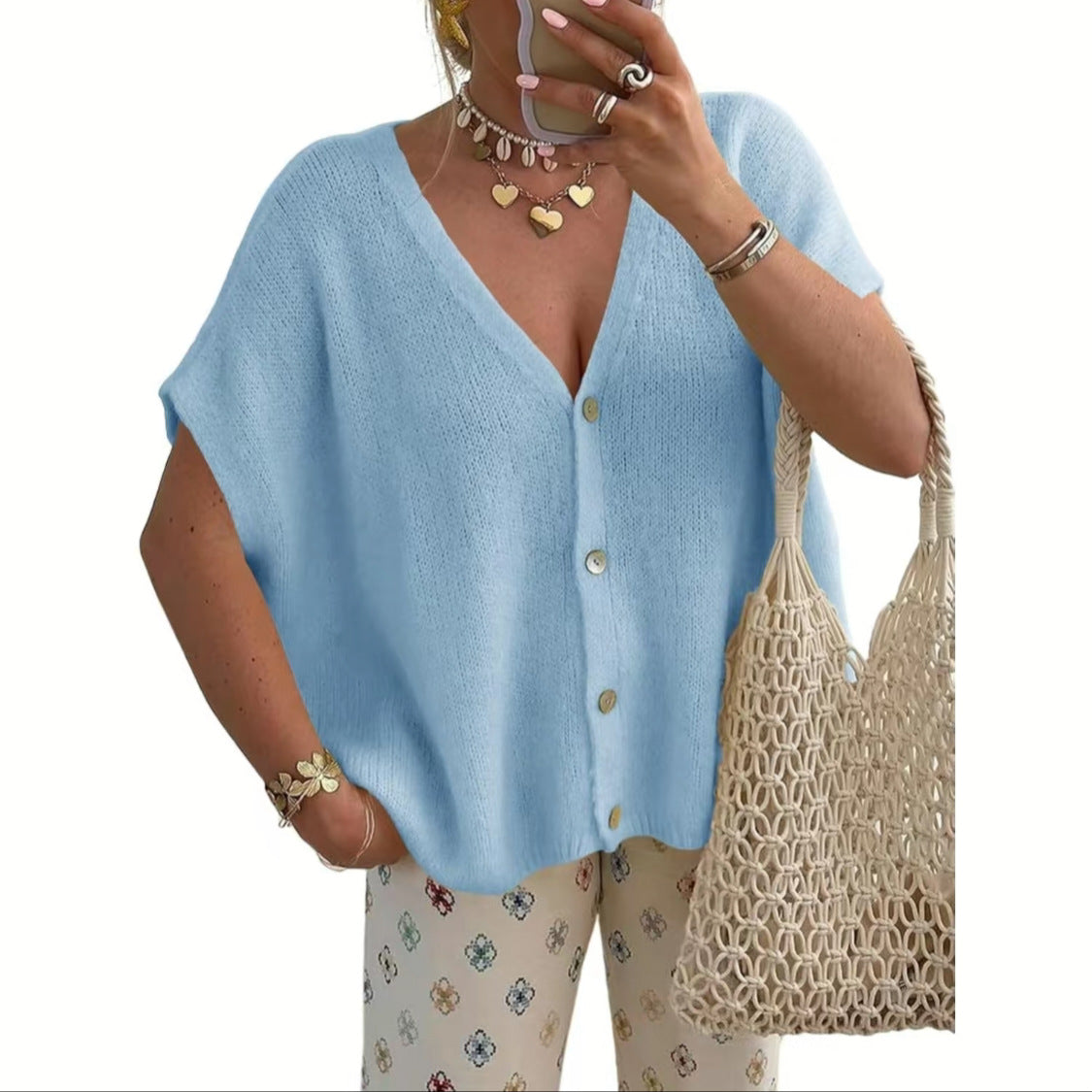 Light Blue women's relaxed V-neck button front knit cardigan