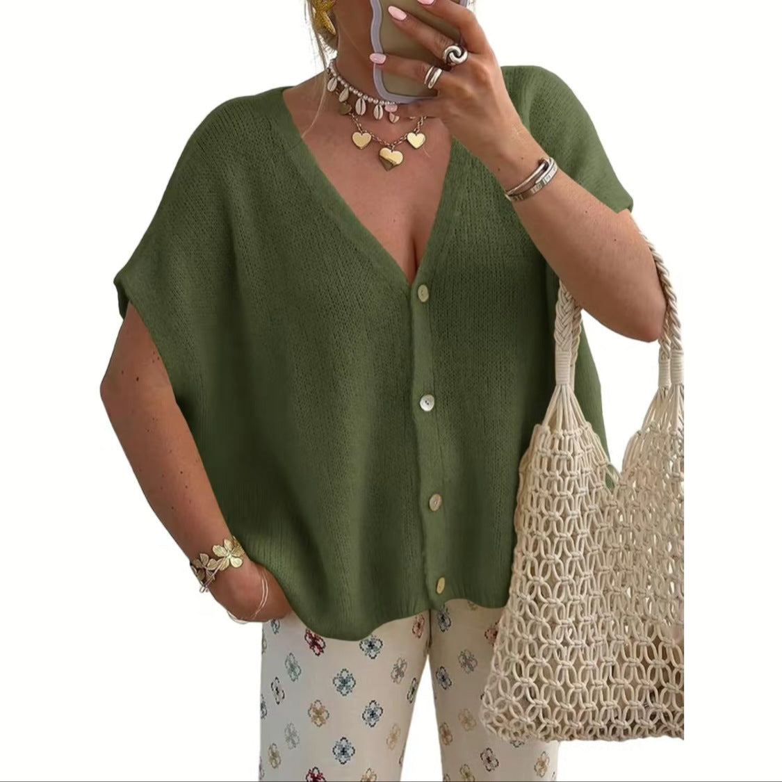 Army Green women's relaxed V-neck button front knit cardigan