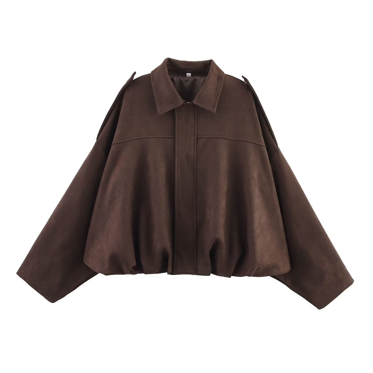 Women's coffee brown ultra-loose faux suede bomber jacket, front view