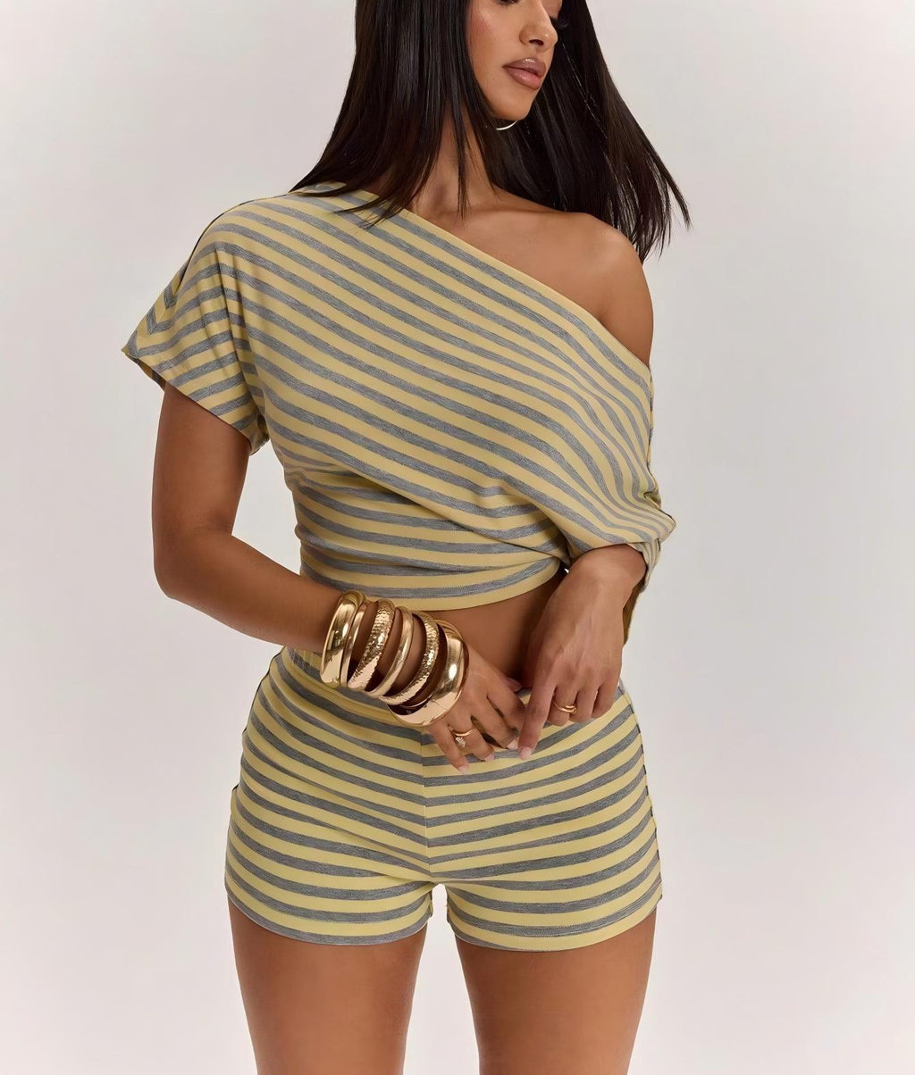 Women's Asymmetrical One-Shoulder Striped Two-Piece Shorts Set - product image 8