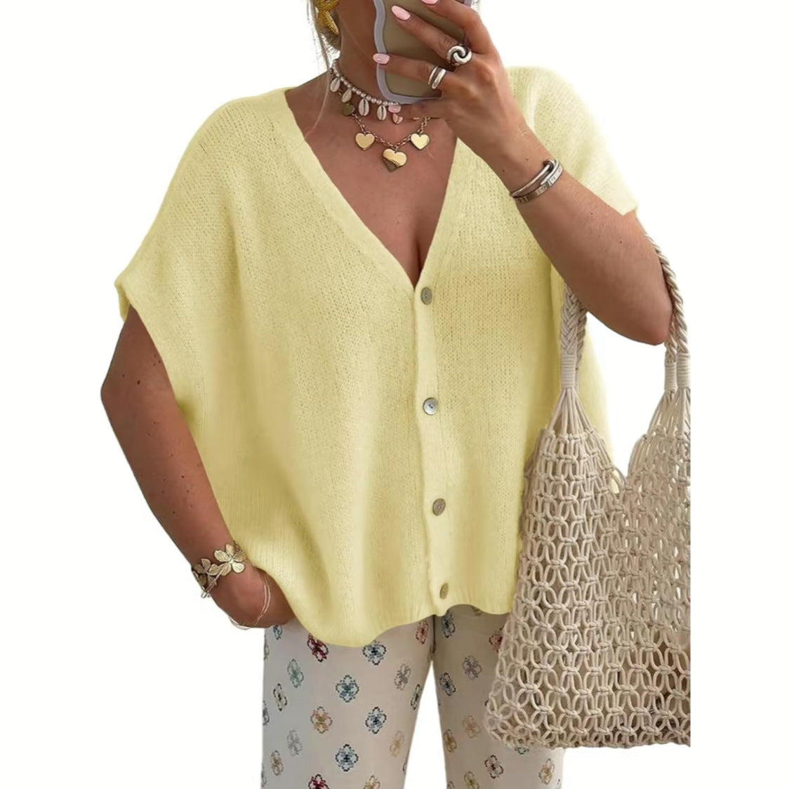 Yellow women's relaxed V-neck button front knit cardigan