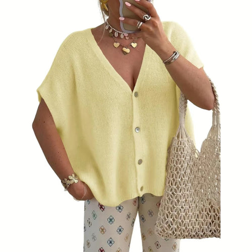 Yellow women's relaxed V-neck button front knit cardigan