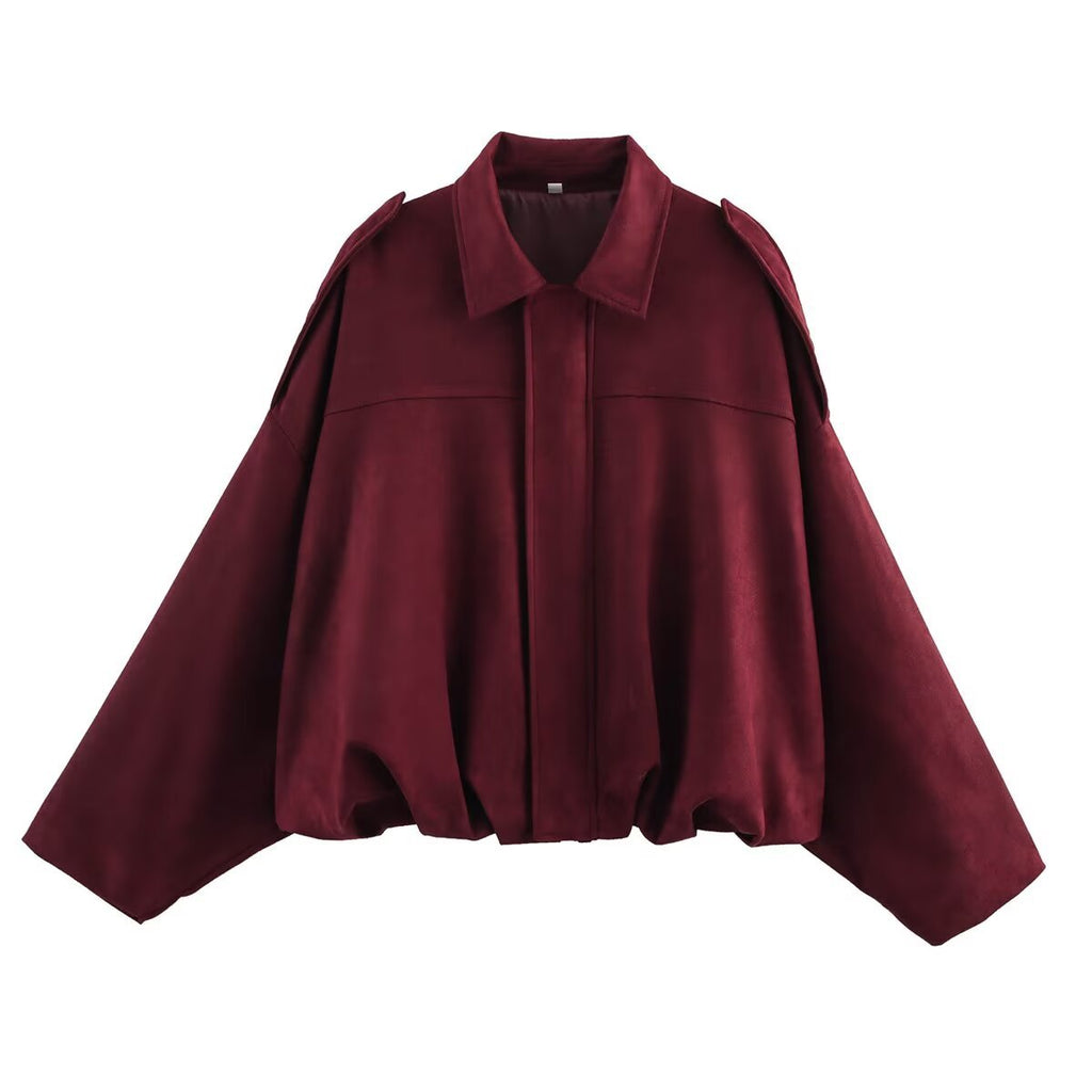 Women's burgundy ultra-loose faux suede bomber jacket, front view