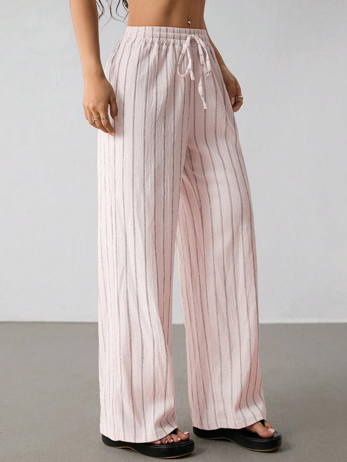 Pink striped drawstring wide-leg pants