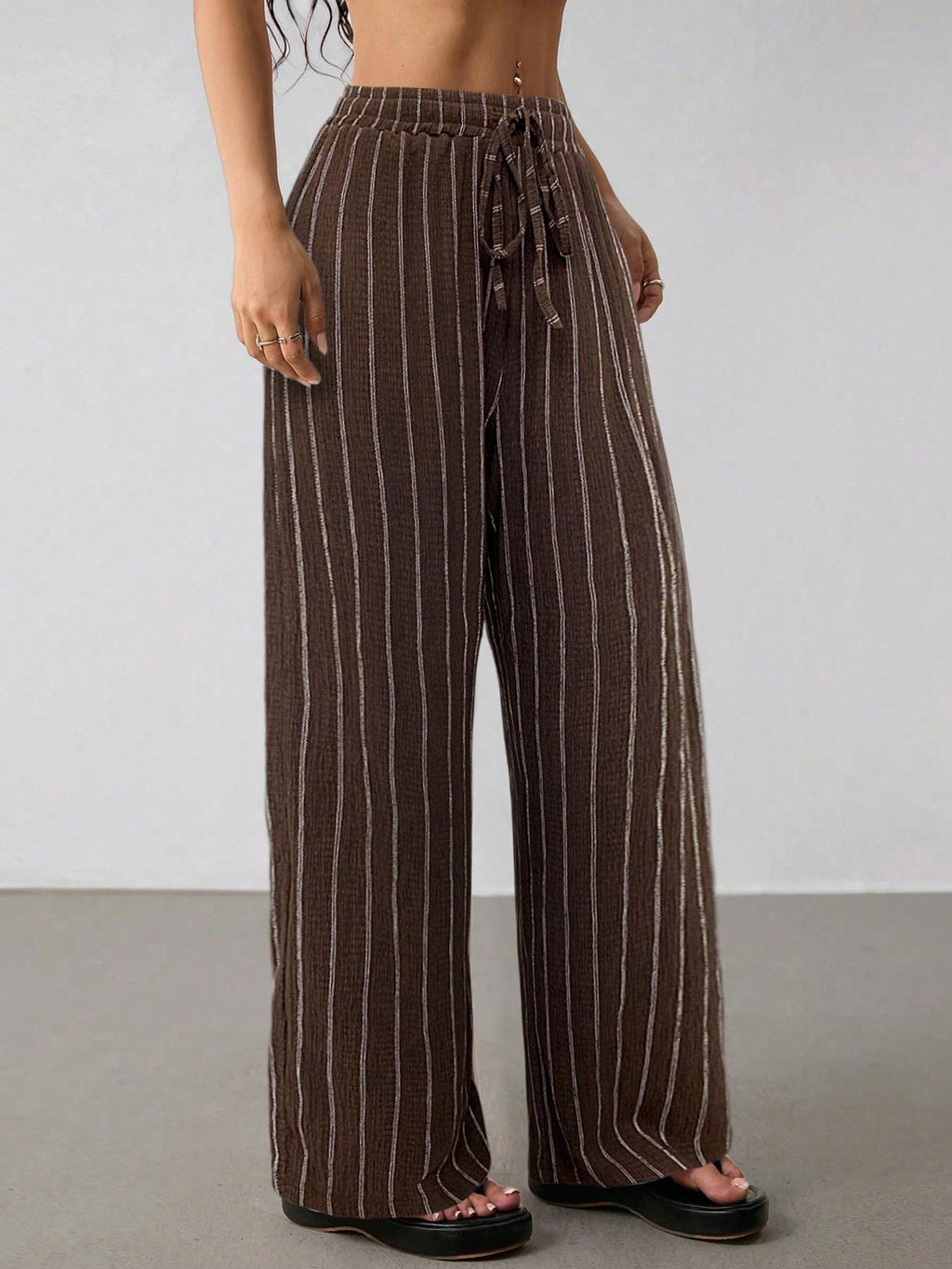 Dark brown striped drawstring wide-leg pants