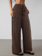 Dark brown striped drawstring wide-leg pants