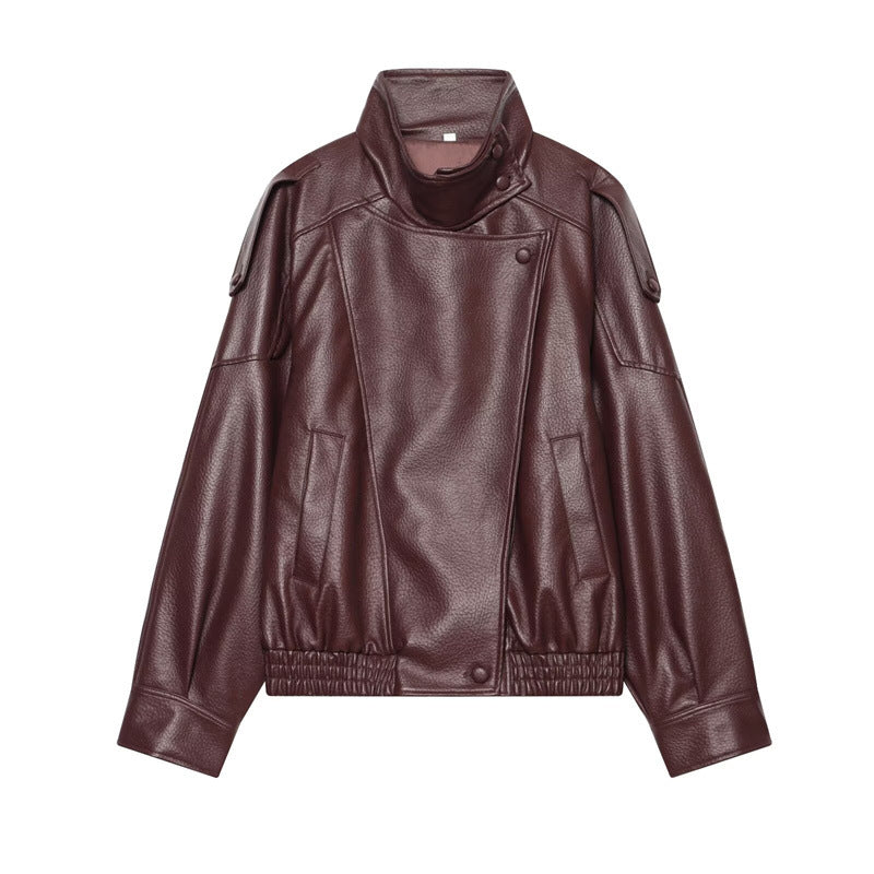 Women's burgundy relaxed stand-collar faux leather jacket, front view