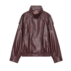 Women's burgundy relaxed stand-collar faux leather jacket, front view