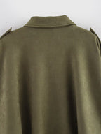 Army green ultra-loose faux suede bomber jacket, back view