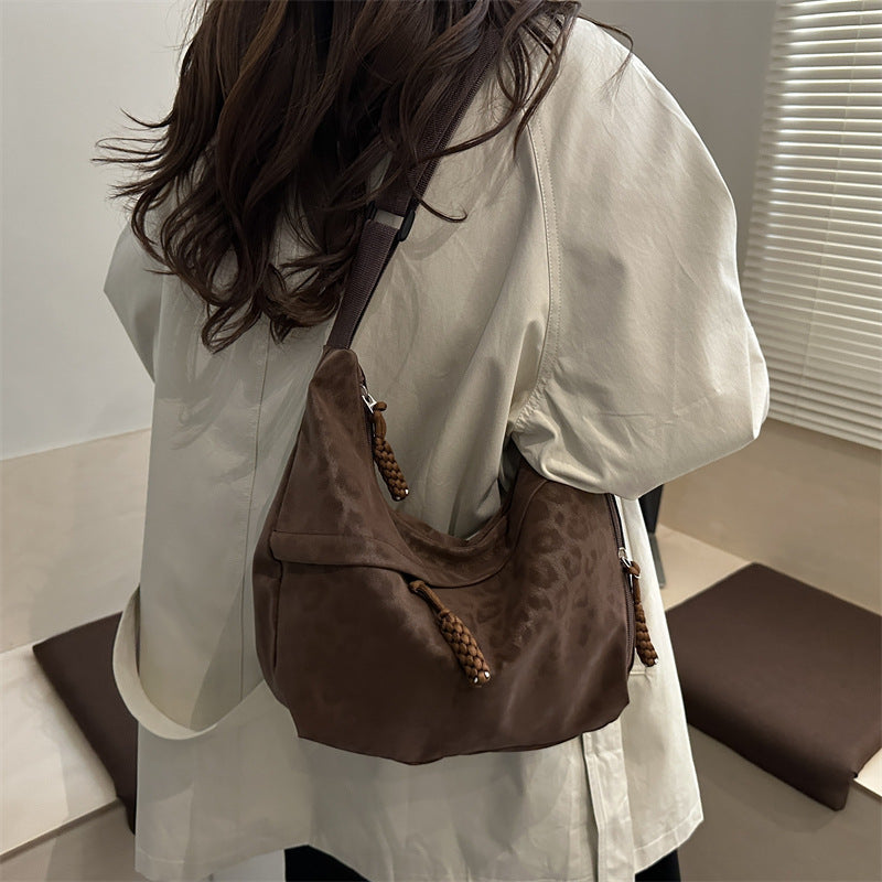 Sienna Leopard-Texture Faux-Suede Hobo Shoulder Bag - Dark Brown