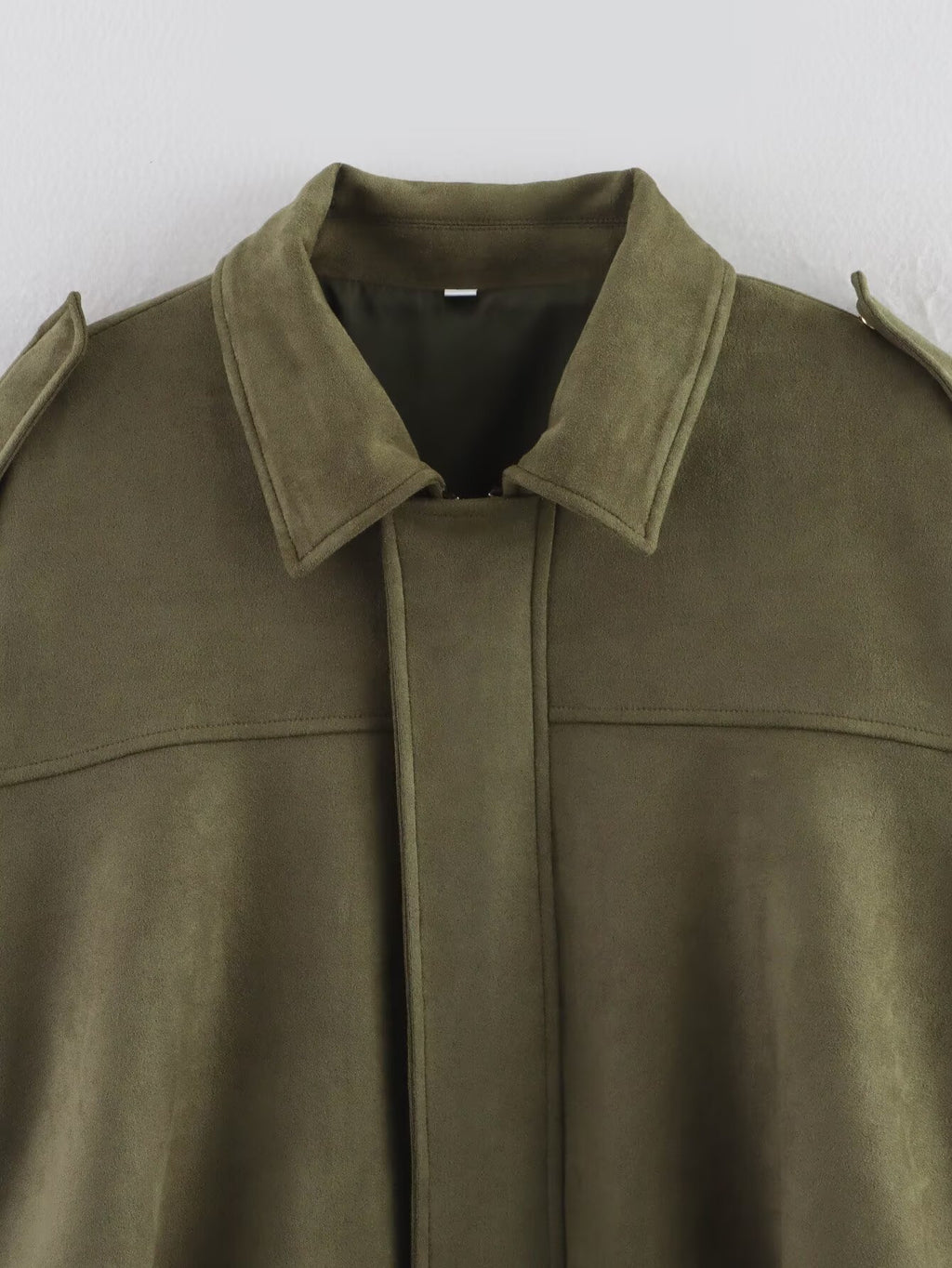 Army green faux suede bomber jacket point collar and shoulder-tab detail