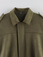 Army green faux suede bomber jacket point collar and shoulder-tab detail