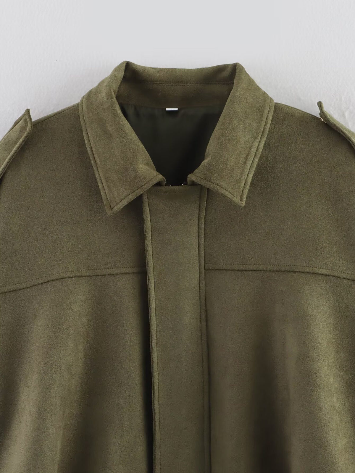Army green faux suede bomber jacket point collar and shoulder-tab detail