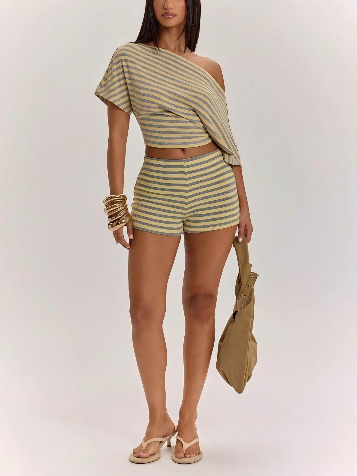 Women's Asymmetrical One-Shoulder Striped Two-Piece Shorts Set - product image 3