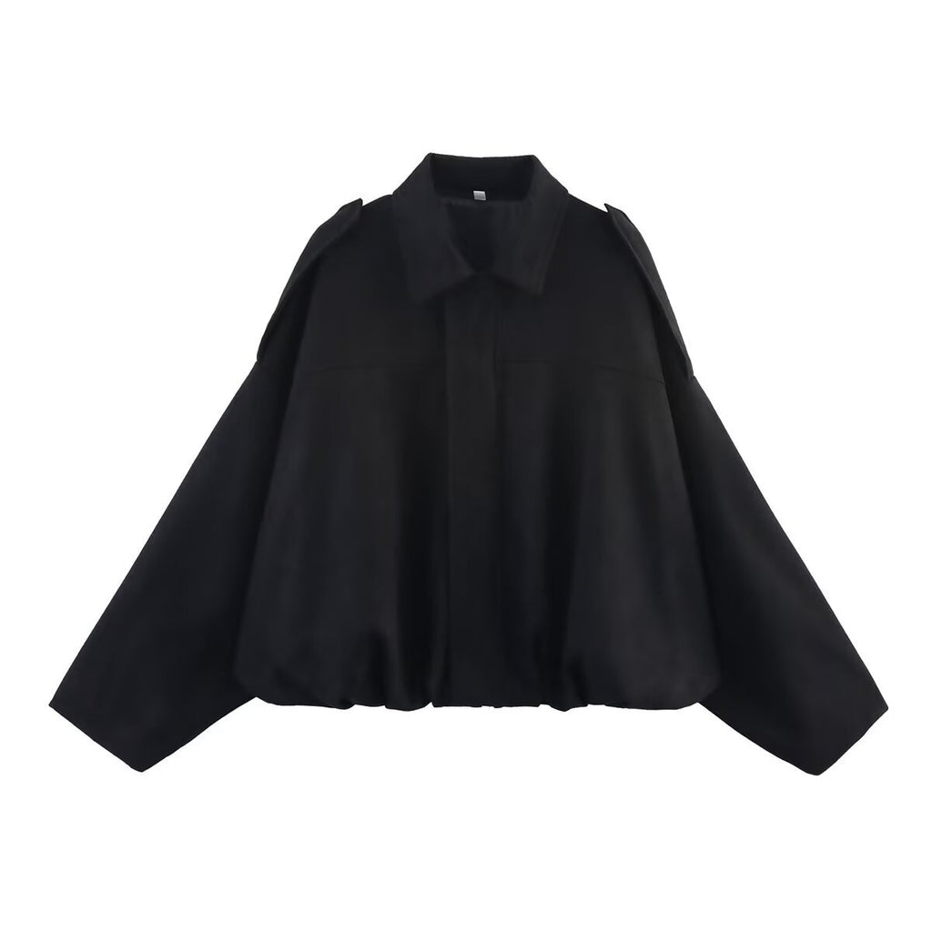 Women's black ultra-loose faux suede bomber jacket, front view