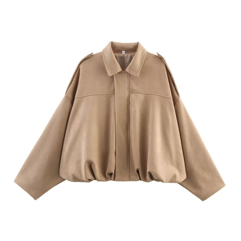 Women's khaki ultra-loose faux suede bomber jacket, front view