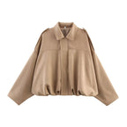 Women's khaki ultra-loose faux suede bomber jacket, front view